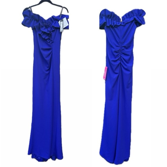 NWT Xscape womens Long Stretch Scuba Crepe Ruffle Collar Ruched Dress - Picture 5 of 7